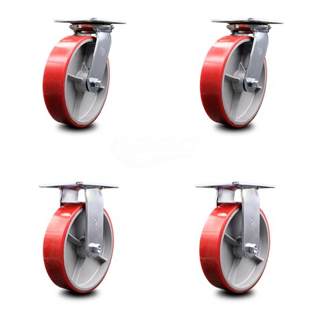8 Inch Red Poly on Cast Iron Caster Set with Ball Bearings 2 Swivel 2 Rigid